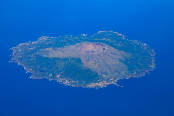 Spring Miyakejima taken from 3500m above stock photo