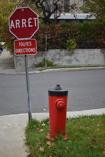 Quebec Stop Sign Back Quebec Stop Sign And Fire Hydrant Stock Photo - Download Image Now ...