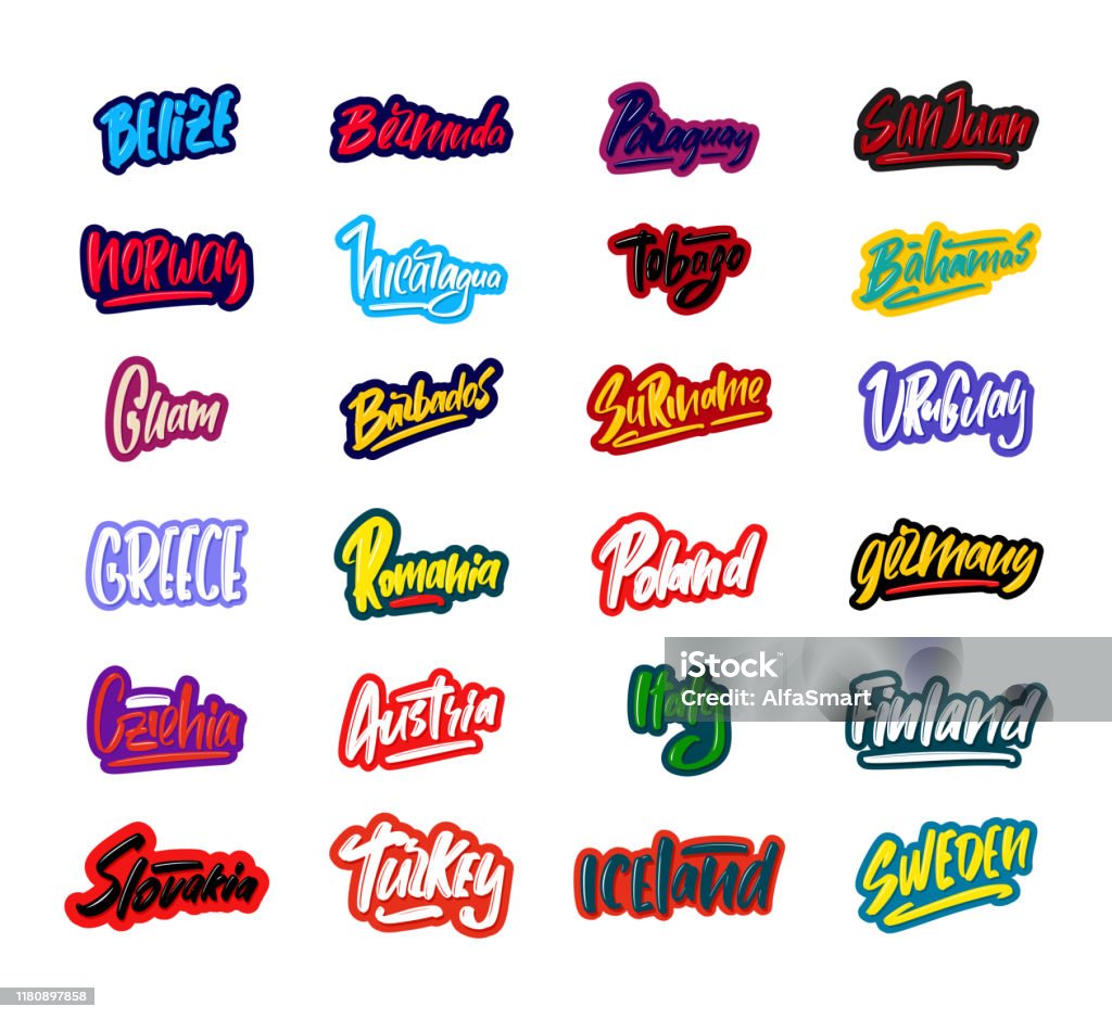 Set Of Cartoon Country Names Lettering Text Vector Illustrations For Print  And Advertising Stock Illustration - Download Image Now - iStock