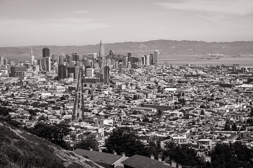 San Francisco California skyline cityscape black and white view from twin peaks the west coast city along the pacific coast highway