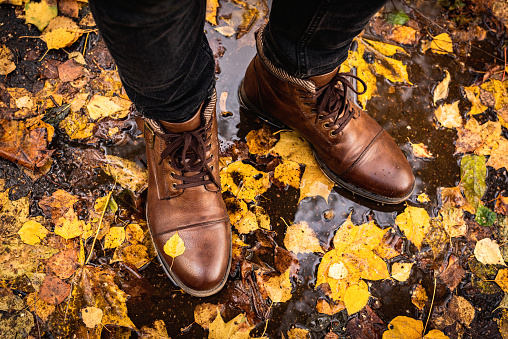 Legs in brown leather boots on wet asphalt with colorful fallen maple leaves around. Concept of fall autumn season, autumn fashion, trendy hipster lifestyle
