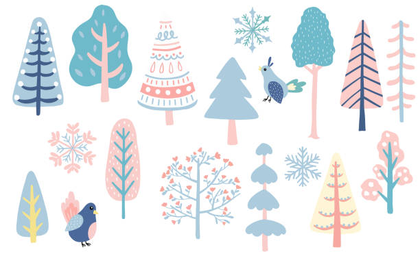 winter-set mit vogel, schneeflocke, weihnachtsbaum-illustration für aufkleber, postkarte, hintergrund, weihnachtseinladung - bush bird tree wood stock-grafiken, -clipart, -cartoons und -symbole