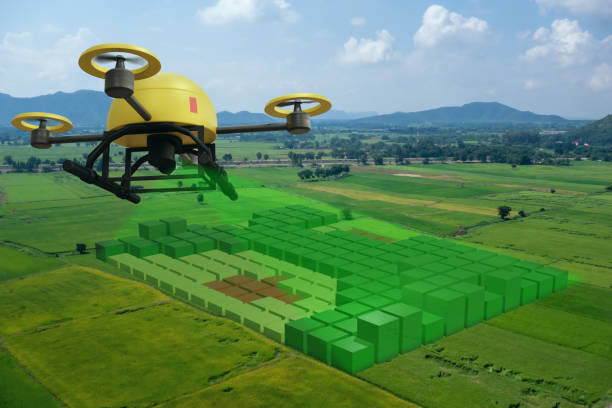 istock drone for agriculture, drone use for various fields like research analysis, safety,rescue, terrain scanning technology, monitoring soil hydration ,yield problem and send data to smart farmer on tablet 1180902261
