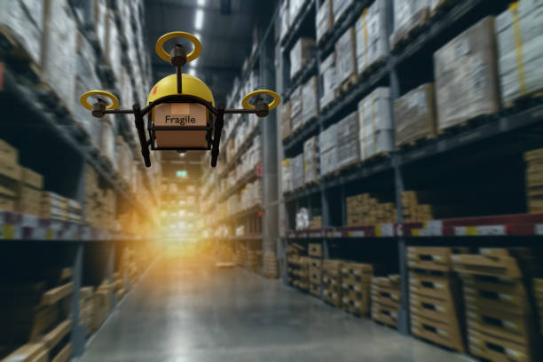 istock drone flying transportation in smart warehouse concept, a retail use a drone(artificial intelligence technology delivery to send a tool kit, product, fruit, vegetable, etc in the store,  to customer 1180902278
