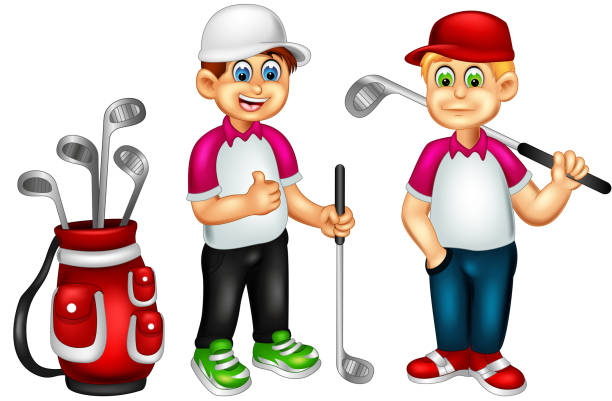 смешные два мальчика гольфист мультфильм - golf child sport humor stock illustrations