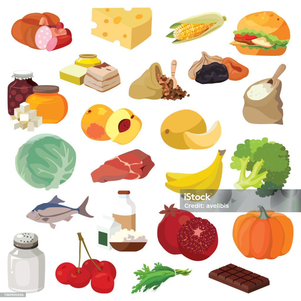 Ilustración de Frutas Verduras Grasas Carne Cereales Productos Lácteos y  más Vectores Libres de Derechos de Fruta - iStock