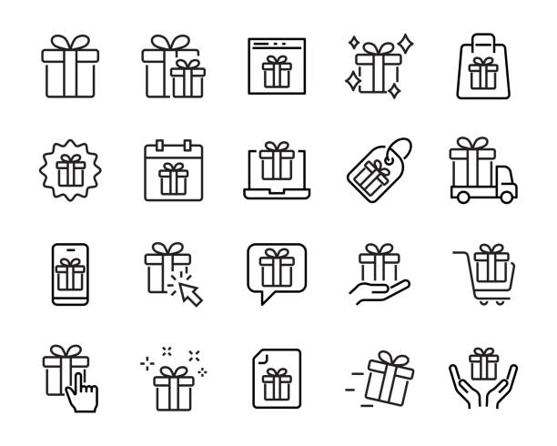 선물 아이콘, 생일 선물, 선물, 선물 상자, 크리스마스 선물 세트 - coupon horizontal christmas birthday stock illustrations