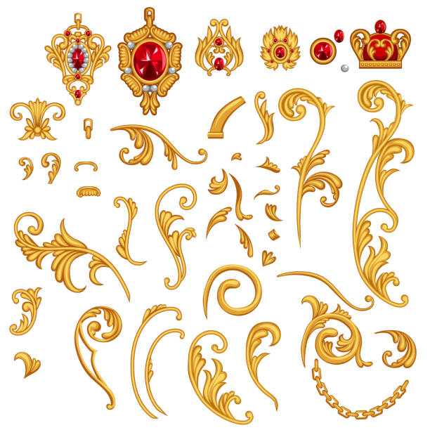 satz von goldenen schmuck scroll-elemente mit rubin edelsteine, krone, kette für dekor rahmen im rokoko-stil - baroque style stock-grafiken, -clipart, -cartoons und -symbole