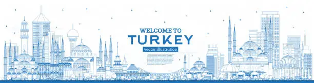 Vector illustration of Outline Welcome to Turkey Skyline with Blue Buildings.