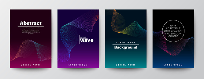 Set of abstract gradient colorful wave shape on dark background for Brochure, Flyer, Poster, leaflet, Annual report, Book cover, Banner. Minimal Graphic Design Layout template, A4 size