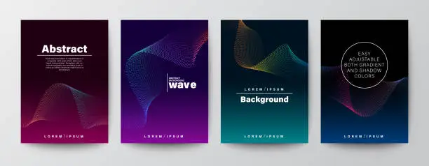 Vector illustration of Set of abstract gradient colorful wave shape on dark background for Brochure, Flyer, Poster, leaflet, Annual report, Book cover, Banner. Minimal Graphic Design Layout template, A4 size