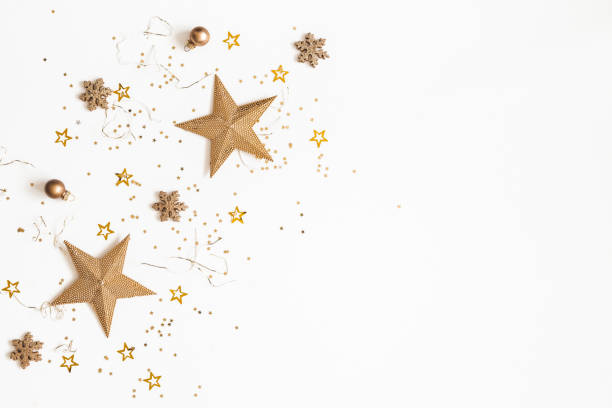 istock Christmas composition. Golden decorations on white background. Christmas, winter, new year concept. Flat lay, top view, copy space 1180911072