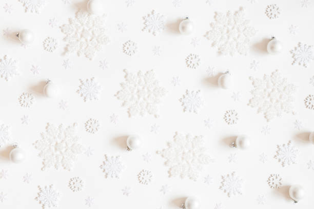 istock Christmas composition. Pattern made of white snowflakes and balls on white background. Christmas, winter, new year concept. Flat lay, top view 1180911093