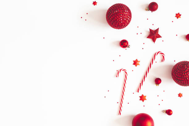 istock Christmas composition. Red decorations on white background. Christmas, winter, new year concept. Flat lay, top view, copy space 1180911110