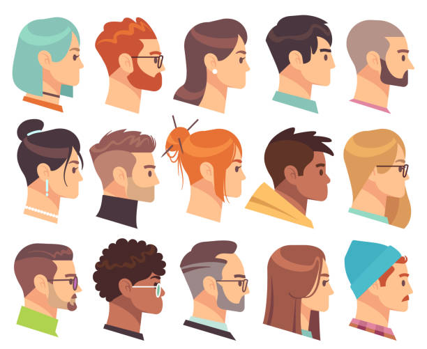 ilustrações, clipart, desenhos animados e ícones de cabeças planas no perfil. cabeças humanas diferentes, macho e fêmea com vários penteados e acessórios. jogo colorido do vetor dos avatars do web - side view women human face looking