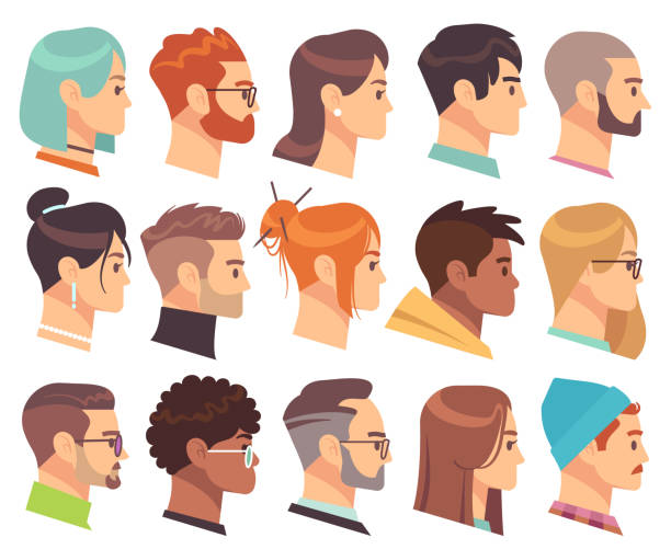 輪廓中的平面頭。不同的人頭，男性和女性與各種髮型和配件。五顏六色的網路頭像向量集 - 金色頭髮 圖片 幅插畫檔、美工圖案、卡通及圖標