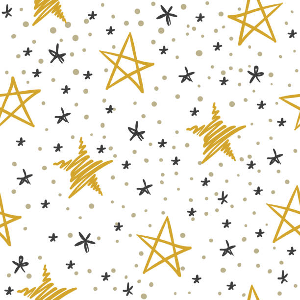 illustrations, cliparts, dessins animés et icônes de croquis étoile modèle sans couture. ciel étoilé avec des étoiles d'or et noires. texture de griffonnage vectorielle de vacances et d'hiver - star star shape sky night