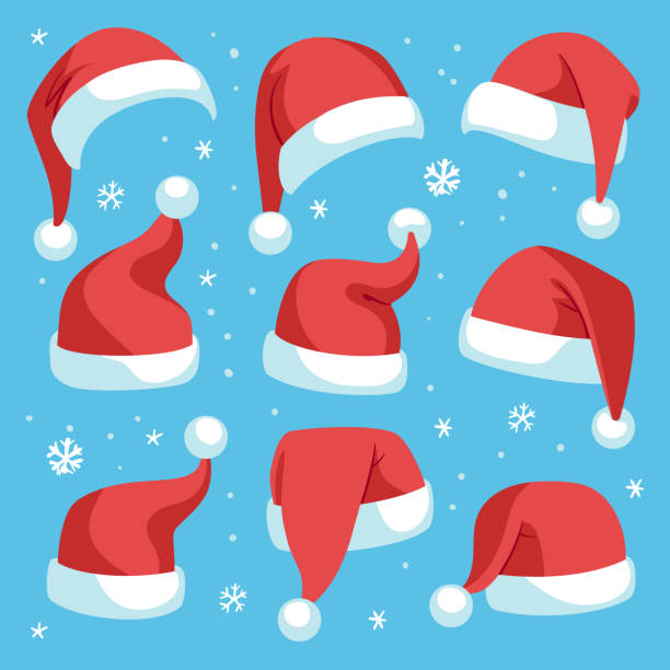 mikołajowe kapelusze. czerwony świąteczny zestaw projektowy santa hat, dekoracja kostiumu maskarada wakacje, śmieszne strony świąteczne nakrycia głowy, kreskówkowy zestaw wektorowy - santa hat stock illustrations