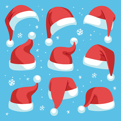 Santa hats. Red christmas santa hat design set, holiday masquerade costume decoration, funny party festive headwear, cartoon vector cute isolated xmas cap set