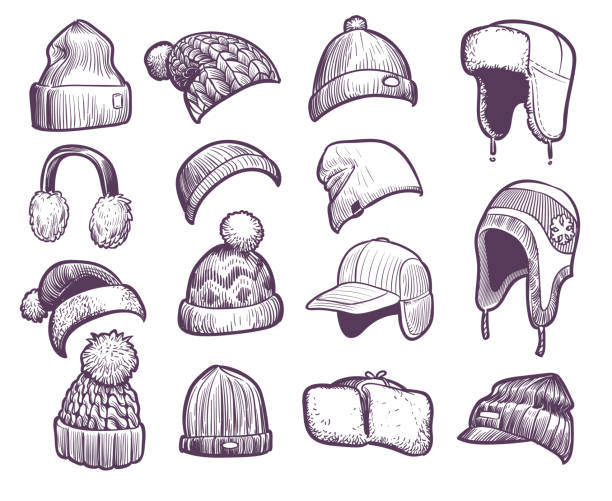 ilustrações, clipart, desenhos animados e ícones de chapéus desenhados mão do inverno. jogo do chapéu feito malha diferente com pom pom e retalho da orelha, beanie do pescador, jogo do vetor do esboço do headwear do tampão do esporte - santa claus audio