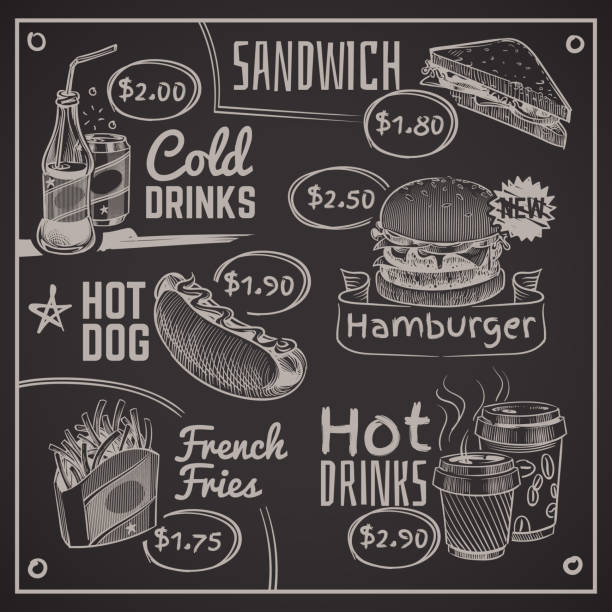 illustrazioni stock, clip art, cartoni animati e icone di tendenza di menu fast food. caffè, hamburger e hotdog, ciambelle e patatine fritte, gelato e cola, sandwich. illustrazione vettoriale del ristorante di disegno gesso - cream ice symbol french fries