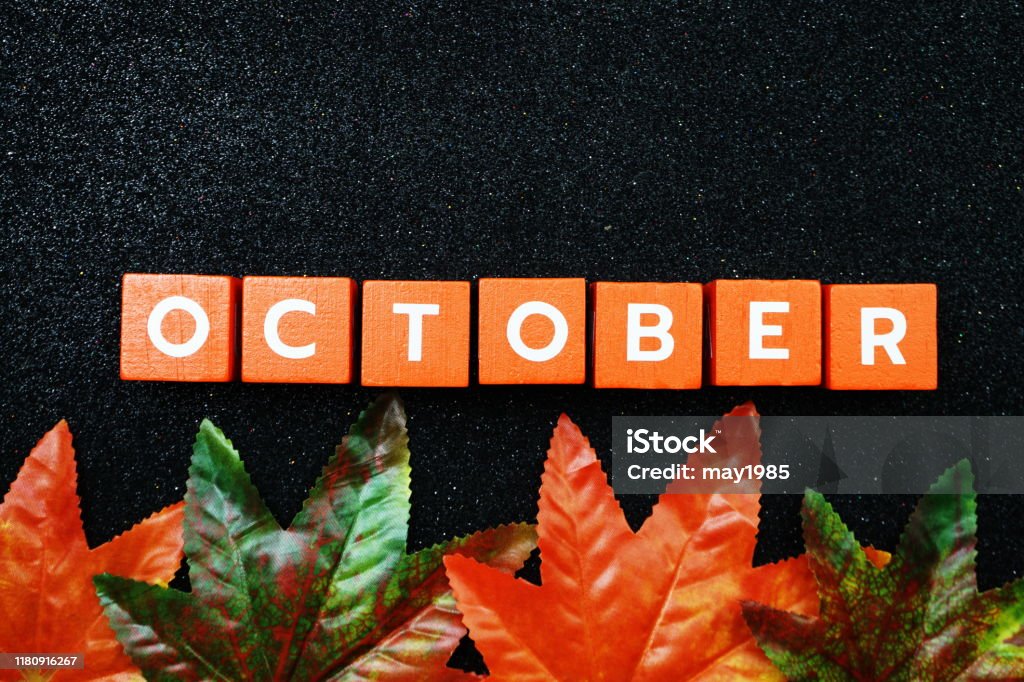 Ocotber Letters October Alphabet Letter With Maple Leave Decoration On Black Glitter ...