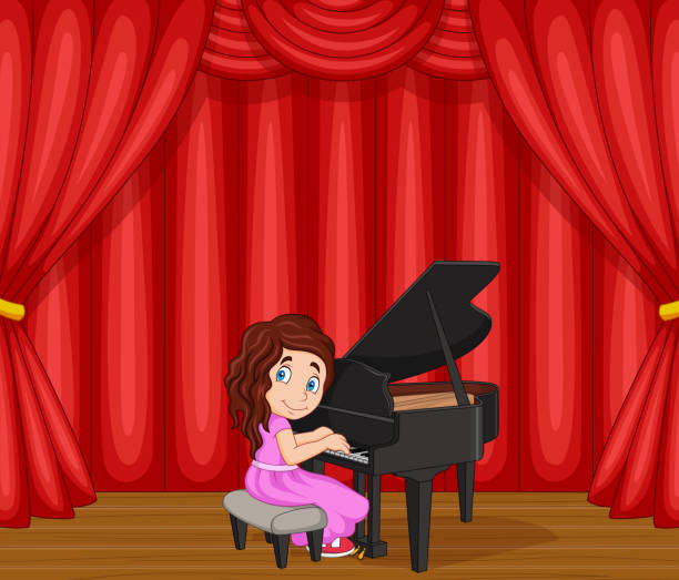 ステージ上でピアノを弾く漫画の女の子 - child prodigy点のイラスト素材／クリップアート素材／マンガ素材／アイコン素材