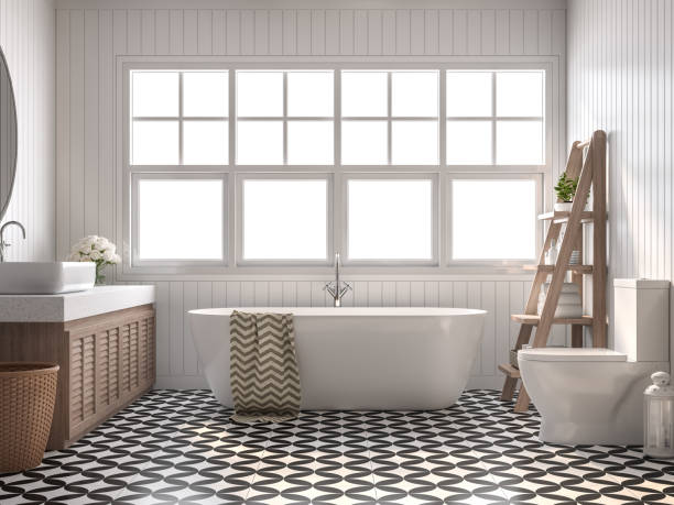 vintage łazienka 3d render - bathroom contemporary sparse bathtub zdjęcia i obrazy z banku zdjęć