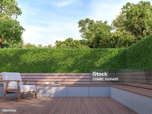 Wooden Bench In The Garden 3d Render Stock Photo - Download Image Now - Yard - Grounds, Patio, Building Terrace