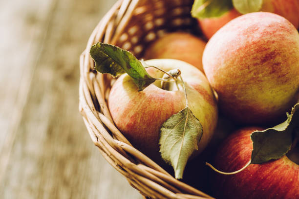 istock Freshly harvested ripe apple on the rustic wooden background 1180922207