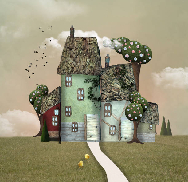 Fantasy country house with surreal trees – 3D render