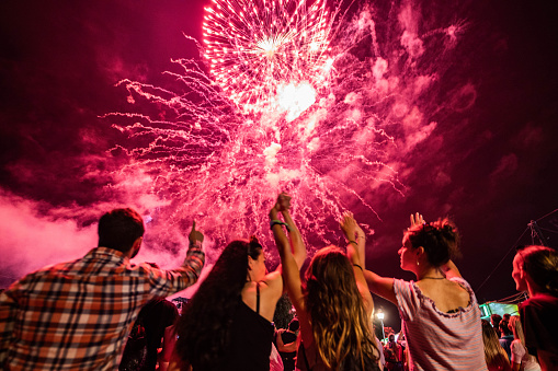 Back view of large group of people watching fireworks on the sky by night.