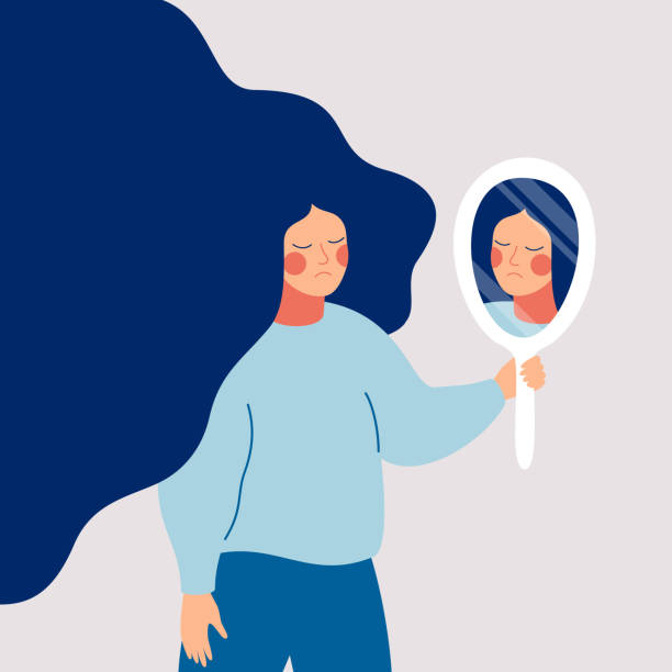 Sad young woman looks on her reflection in mirror with sorrow Sad young woman looks on her reflection in mirror with sorrow. Cartoon flat style eating disorder stock illustrations