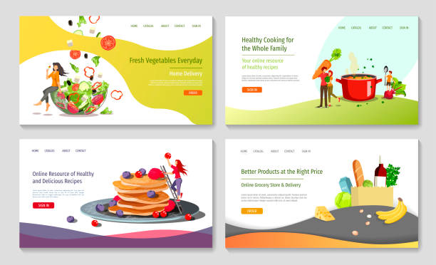 illustrations, cliparts, dessins animés et icônes de ensemble de modèles de conception de pages web pour une cuisine saine, des recettes, des légumes frais, une épicerie ou un marché. - food backgrounds