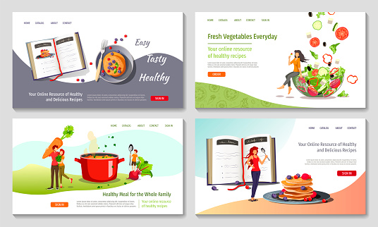 Set of web page design templates for Healthy food, cooking, recipes, fresh vegetables, recipe books. Vector illustration in a flat style can be used for poster, banner, website, presentation.