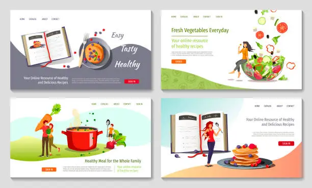Vector illustration of Set of web page design templates for Healthy food, cooking, recipes, fresh vegetables, recipe books.