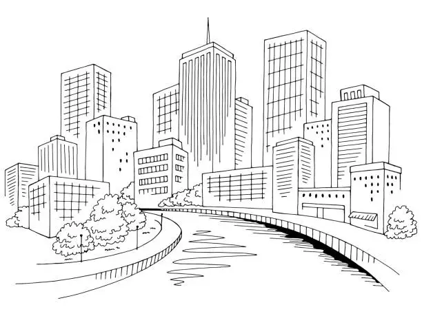 Vector illustration of City river graphic black white cityscape skyline sketch illustration vector
