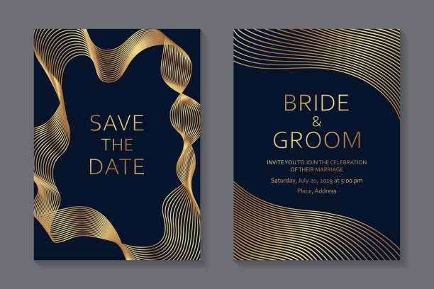 Wedding invitation design or greeting card templates. Set of two cards with golden geometric waves of lines on a dark blue background. thank-you-gold-greeting-card stock illustrations