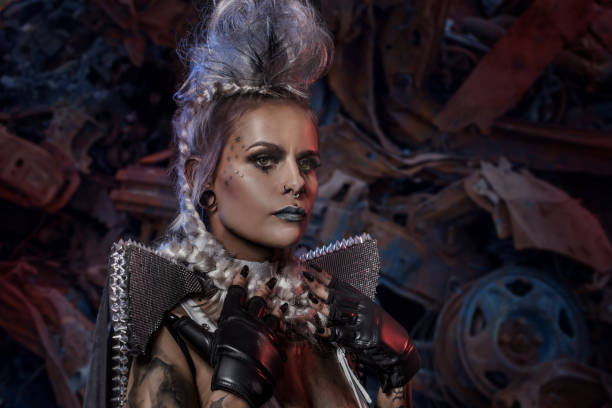 A modern futuristic warrior mercenary queen in a post-apocalyptic setting