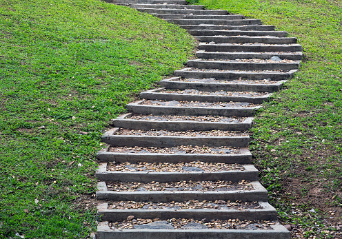 Stairways, walkways on the lawn in the park.