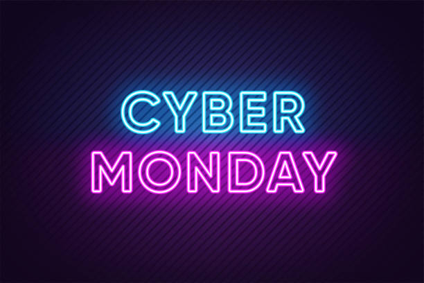Neon Cyber Monday Banner. Text and Title of Cyber Monday Neon Cyber Monday Banner. Text and Title of Cyber Monday with Neon lights on the dark Background with Lined texture. Billboard, Poster and Cover design. Blue and Purple colors. Vector illustration cyber monday stock illustrations