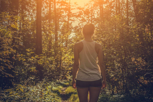 istock Woman walking alone in the forest 1180931353