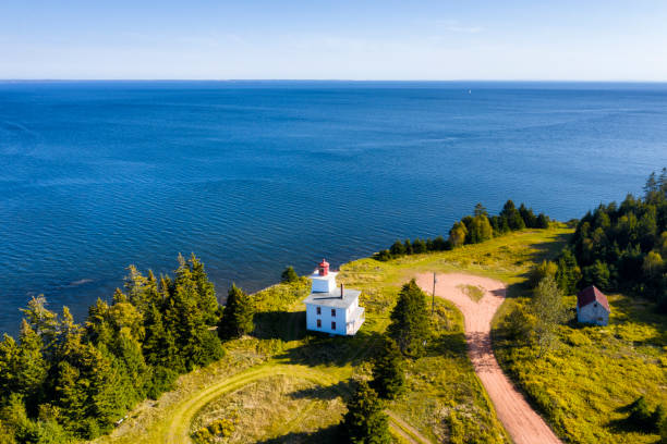 Aerial view of Rocky Point lighthouse, Prince Edward Island, Canada Aerial view of Rocky Point lighthouse, Prince Edward Island, Canada gulf of st lawrence photos stock pictures, royalty-free photos & images