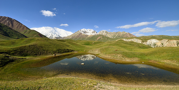 Pamir mountains, Landscapes in the Alay valley which is the trail for the peak the second largest in Kyrgyzstan and Tajikistan - Ibn peak Sina (Awicenna), old name peak of the Lenin, Kyrgyzstan, Central Asia.