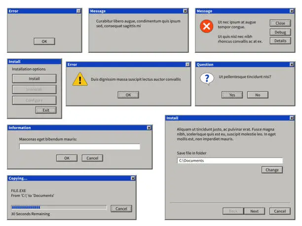 Vector illustration of Old user interface window. Old computer retro browser dialog box with buttons. Warning system messages vector templates