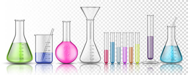 투명 한 배경에 화학에 대 한 고립 된 유리 제품 플라스크 또는 유리 병의 집합입니다. 화학 실험실 또는 과학 실험실, 의학 또는 약리학 액체, 유체 측정을위한 테스트 튜브. 생물학 - 비커 stock illustrations