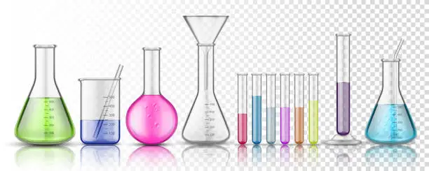 Vector illustration of Set of isolated glassware flask or glass bottle for chemistry on transparent background. Test tube for chemical laboratory or science lab, medicine or pharmacology liquid, fluid measurement. Biology