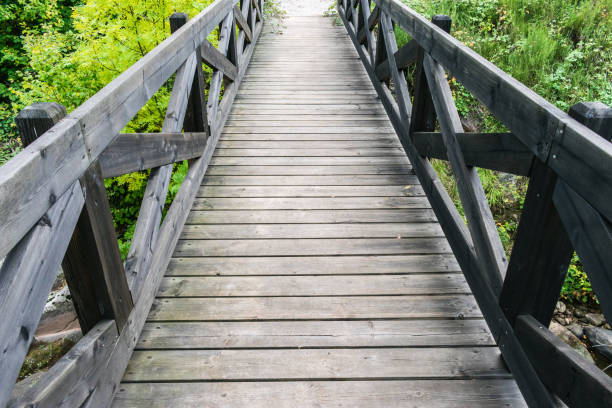 istock dark wooden bridge over river in a mountain forest 1180936854