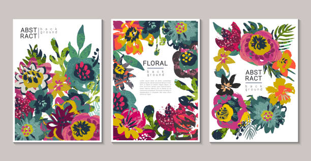 ilustrações de stock, clip art, desenhos animados e ícones de vector collection of trendy creative cards with hand painted flowers, leaves and different textures - composite flower