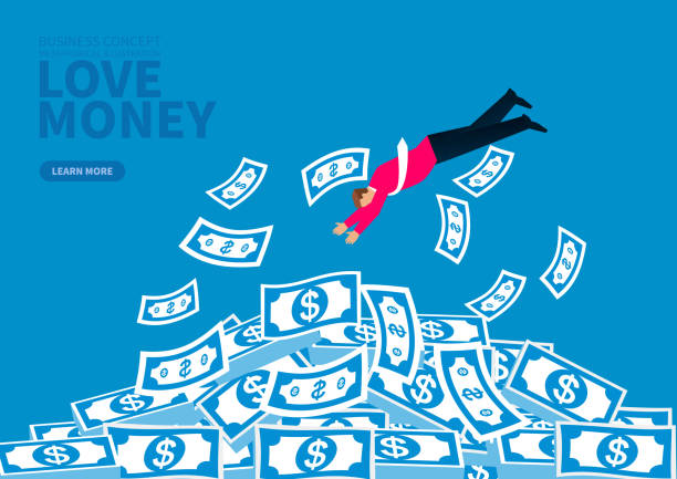 бизнесмен прыгает в сложенные деньги - greed currency men happiness stock illustrations